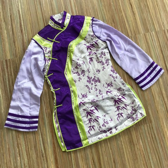 Cheongsam QiPao Long Sleeve Tunic Top Purple Green Bamboo Satin Brocade - Picture 3 of 9
